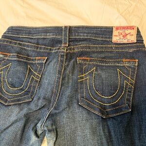 True Religion Women’s Dark Blue Denim Straight Leg Jeans with Contrast Stitching